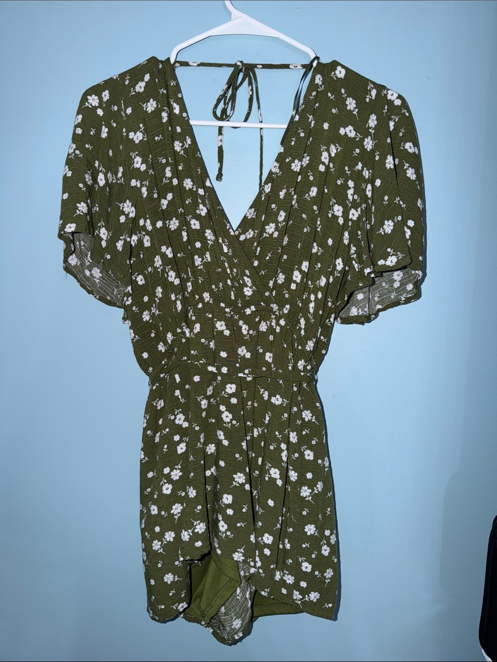 Olive Green Floral Wrap Romper